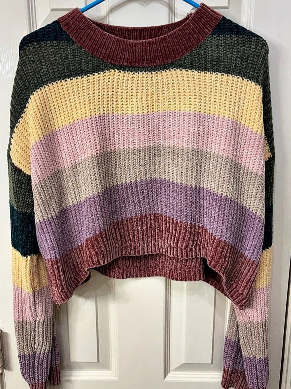 Cocobleu Color Block Crewneck Knit Crop Sweater in Multicolor Size Medium